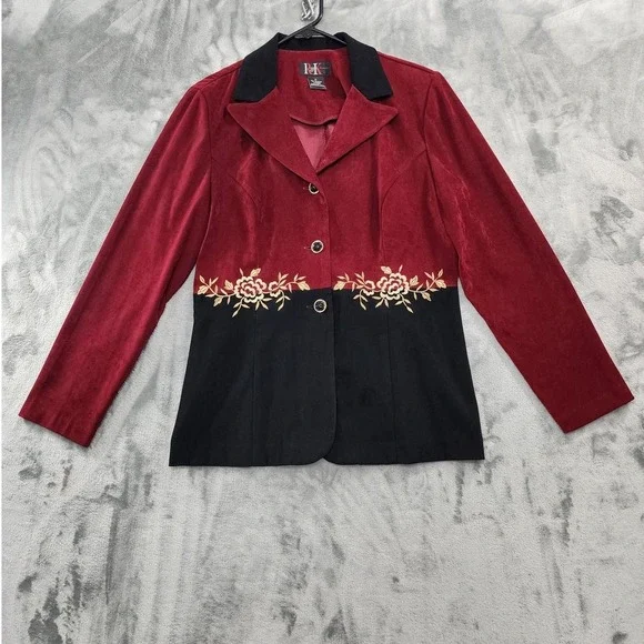 Vintage R&K Originals Pant Suit Womens 12 Black Burgundy Gold Embroidered Sueded - Picture 2 of 16